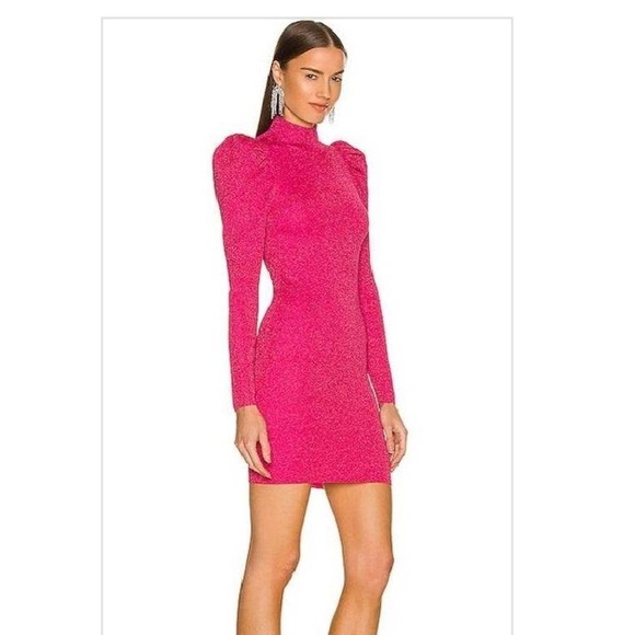 NWT Alice + Olivia Issa Turtleneck Puff Sleeve Dress Wild Pink Metallic - Picture 3 of 9
